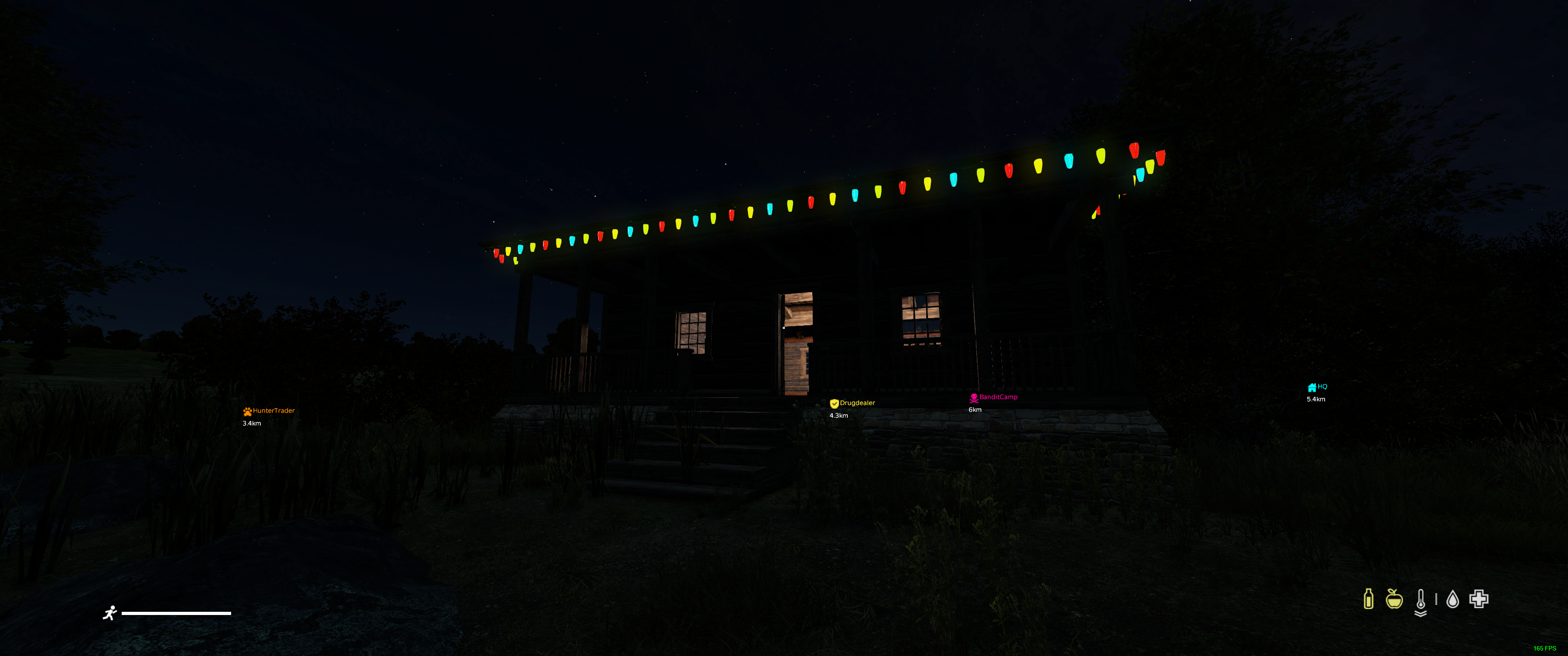 Hunting cabin front view at night